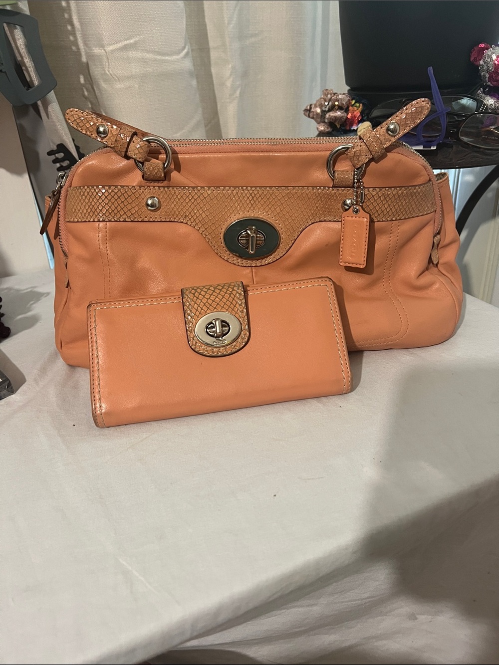 Coach Peach/Tan Leather Turnlock Shoulder Bag with Matching Wallet